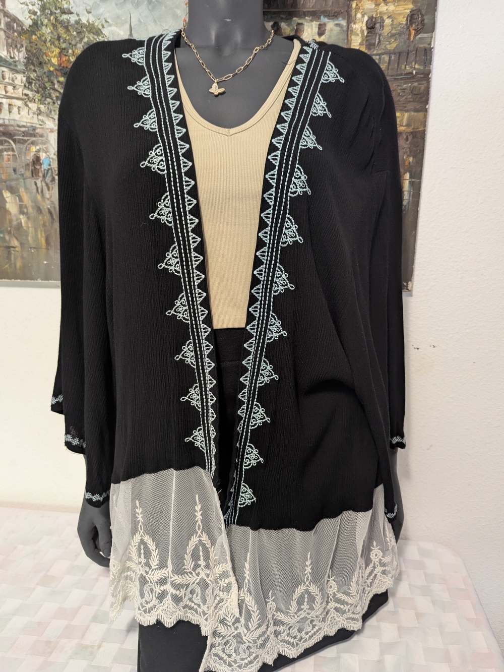 Umgee Black Top with Cream Lace Trim and Embroidered Accents
